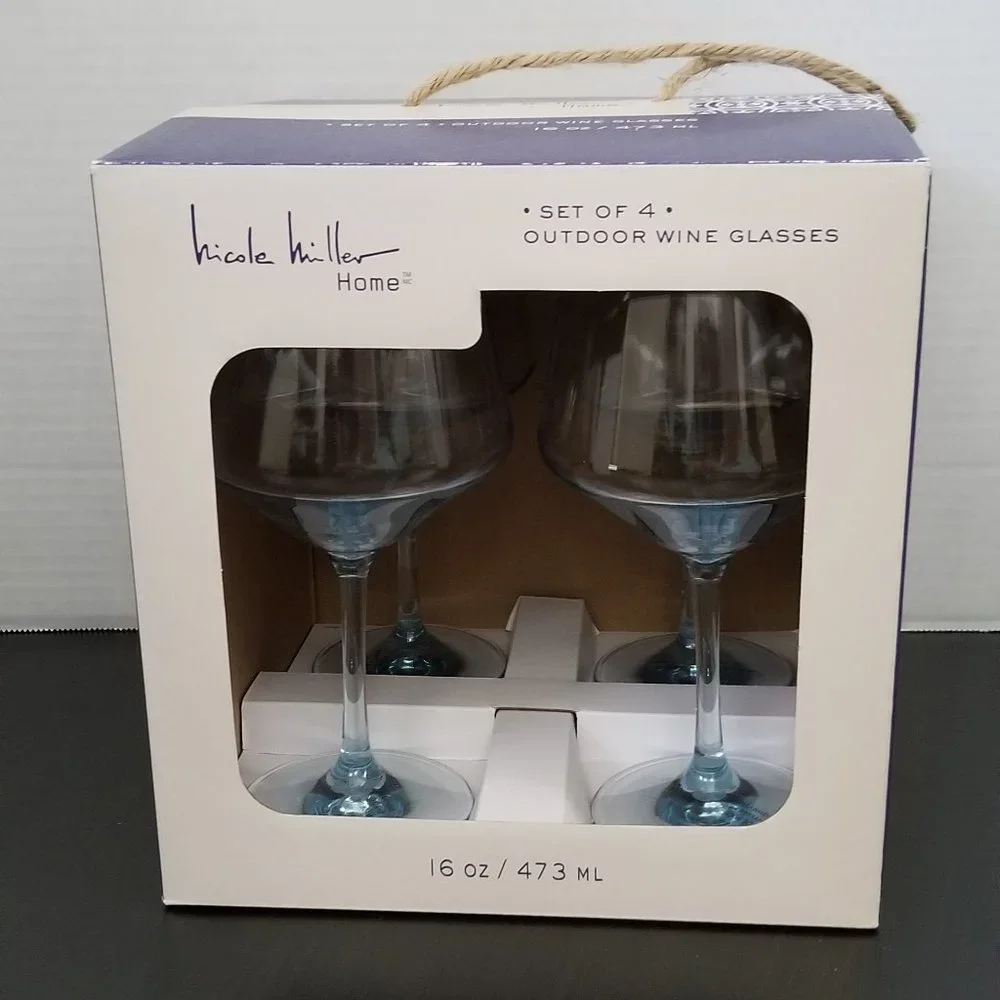 Nicole Miller Set of 4 Outdoor Blue/Teal Wine Glasses 16 oz. IOB - Picture 1 of 10